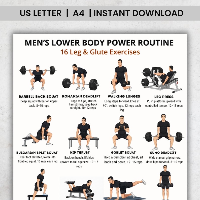 Men’s Lower Body Workout Printable | Leg Day Routine | 16 Exercises ...