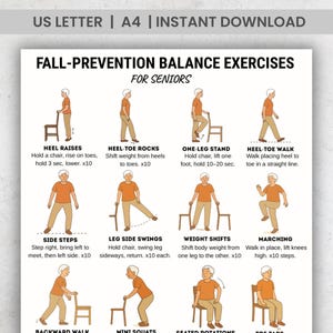 Fall Prevention Balance Exercises for Seniors Printable PDF | Chair & Standing Mobility Training Chart | Elderly Home Exercise Poster