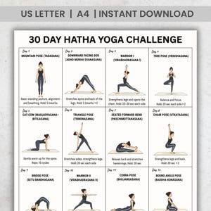 Op de afbeelding: Een afdrukbare gids voor de 30-daagse Hatha Yoga Challenge. De witte kaart bevat illustraties van yogahoudingen met instructies. Houdingen zijn onder meer Berg, Neerwaartse Hond, Krijger I, Boom, Kat-Koe, Driehoek, Zittende Vooroverbuiging, Stoel, Brug, Krijger II, Cobra en Gebonden Hoek.