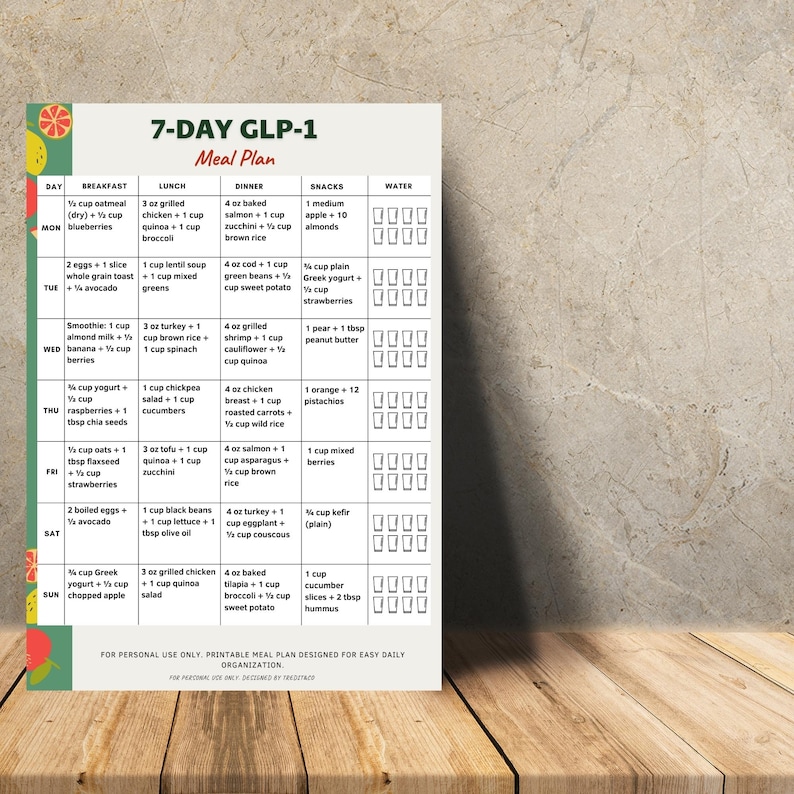 GLP-1 7 day meal plan printable showing a weekly text-based meal plan with breakfast, lunch, dinner, and snack for each day. One-page printable PDF written in U.S. measurements, suitable for printing on A4 or US Letter or for digital use.
