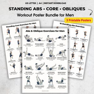 Può includere: Tre poster di allenamento stampabili per esercizi addominali, core e obliqui. I poster presentano illustrazioni di vari esercizi, tra cui crunch, plank e sollevamenti delle gambe. Il testo sui poster recita "Standing Abs, Core, Obliques" e "Workout Poster Bundle for Men."