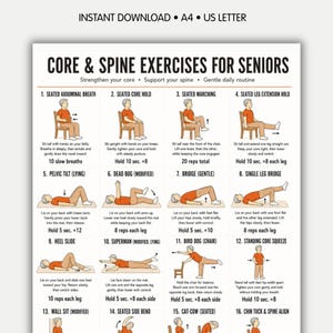 May include: A printable exercise chart titled "Core & Spine Exercises for Seniors." The chart features 16 illustrated exercises, including Seated Abdominal Breath, Pelvic Tilt, and Superman, with instructions for each. The document is available for instant download.