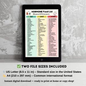May include: A digital tablet displays a "HORMONE Food List" for menopause and perimenopause. The list categorizes foods to "Eat," "Limit," and "Avoid." Includes two file sizes: US Letter (8.5 x 11 in) and A4 (210 x 297 mm).
