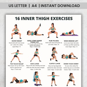 Może przedstawiać: Biały, drukowany przewodnik z tekstem "16 INNER THIGH EXERCISES" i ilustracjami ćwiczeń. Ćwiczenia obejmują Sumo Squat, Side-Lying Inner Thigh Lift, Plie Pulses, Wide Bridge Lift, Toe Touch Squat, Side Lunge, Curtsy Lunge i Inner Thigh Sweep.