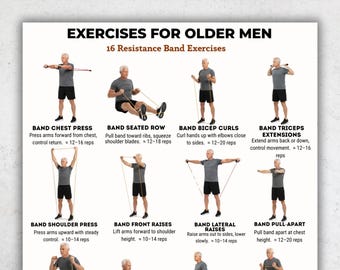 May include: A printable exercise guide titled "EXERCISES FOR OLDER MEN" with 16 resistance band exercises. The guide includes illustrations and instructions for each exercise, such as Band Chest Press, Band Seated Row, and Band Bicep Curls. The text "US LETTER | A4 | INSTANT DOWNLOAD" is at the top.