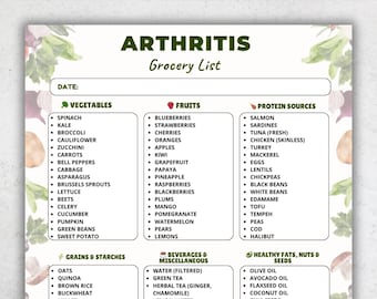 Peut inclure: Une liste de courses imprimable pour un régime alimentaire contre l'arthrite. La liste est organisée en catégories : légumes, fruits, sources de protéines, céréales et féculents, boissons et divers, et graisses saines, noix et graines. Le document est intitulé "US LETTER | A4 | INSTANT DOWNLOAD".