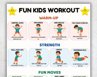 Kids Fitness Poster, Kids Exercise Chart, Printable Workout for Children, PE Classroom Activities, Home Workout Poster PDF