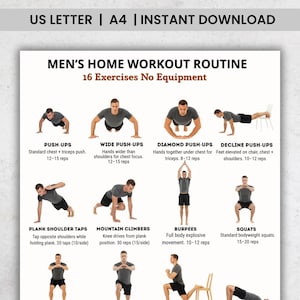 May include: A printable workout routine with the text "MEN'S HOME WORKOUT ROUTINE" and "16 Exercises No Equipment". The exercises include push-ups, mountain climbers, burpees, and squats. The document is available for instant download.