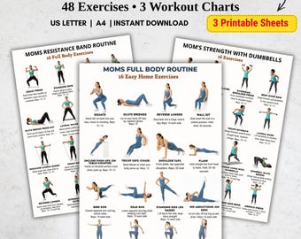 Mom Workout Bundle Printable, Dumbbells, Resistance Band, Full Body Exercises, 48 Home Exercises, Fitness Exercise Cards PDF