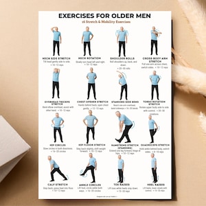 Printable exercise chart titled “Exercises for Older Men – 16 Stretch & Mobility Exercises.” The image shows an older man demonstrating standing stretch and mobility exercises including neck stretches, shoulder rolls, arm stretches, side bends, torso rotations, hip circles, leg stretches, ankle circles, toe raises, and heel raises. Each exercise is clearly illustrated with labels and repetition counts, designed for easy reference at home.