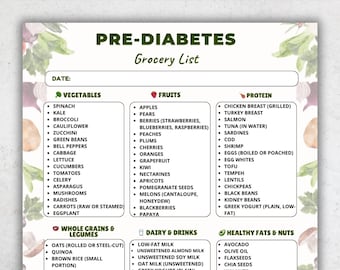Prediabetes Grocery List Printable PDF | Type 2 Diabetes Diet | Low Glycemic Low Sugar Foods | Blood Sugar Friendly Shopping List