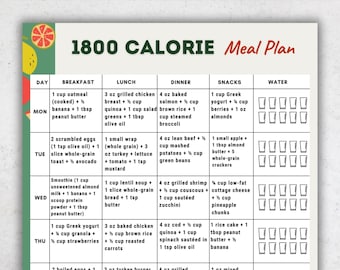 Piano alimentare da 1800 calorie stampabile / Piano alimentare da 1800 calorie in PDF / Piano alimentare da 1800 calorie di 7 giorni / Modello digitale per piano alimentare da 1800 kcal