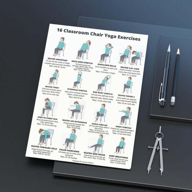Classroom Chair Yoga Exercises Printable, 16 Chair Yoga Poses, School ...