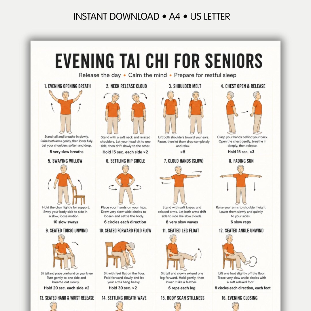 Relax Chart Evening Tai Chi for Seniors Printable - 16 Gentle Wind Down Moves ...