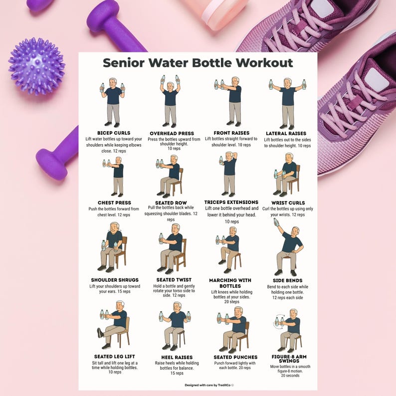 Water Container Exercise Senior Exercise Chart Printable, 16 Water Bottle Exercises for Seniors ...