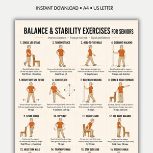 Balance Exercises for Seniors Printable PDF — 16 Gentle Stability Moves, Senior Workout Chart, Elderly Fitness, Instant Download