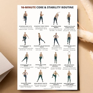 K&ouml;nnte beinhalten: Ein wei&szlig;es Poster mit einer 16-min&uuml;tigen Core- und Stabilit&auml;tsroutine. Das Poster zeigt Illustrationen von &Uuml;bungen wie Kniebeugen im Stehen, Rumpfverdrehungen, Seitbeugen und H&uuml;ftkreisen. Jede &Uuml;bung ist mit ihrem Namen und der Anzahl der Wiederholungen versehen.