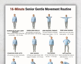 Plakat z ćwiczeniami dla seniorów, ćwiczenia na stojąco dla seniorów, 16-minutowy, delikatny trening, do druku w formacie PDF A4, format amerykański