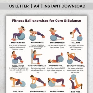 May include: A fitness guide with illustrations of exercises using a fitness ball. The guide includes instructions for exercises such as ball crunches, plank on ball, back extension, ball pike, Russian twist, wall squat with ball, hamstring curl, and side plank with ball.