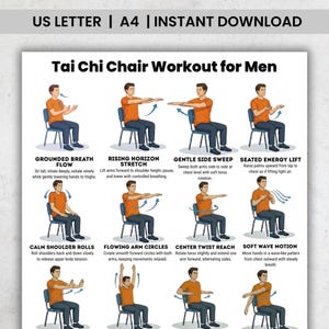 Peut inclure: Un guide d'entraînement de Tai Chi sur chaise imprimable, avec des poses illustrées et des instructions. Le guide comprend des exercices comme Grounded Breath Flow, Rising Horizon Stretch et Soft Wave Motion. Le texte en haut dit "US LETTER | A4 | INSTANT DOWNLOAD".