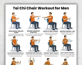 Tai Chi Stuhl Workout für Männer Druckbare PDF-Datei, Gleichgewichts- und Beweglichkeitsübungen im Sitzen für Männer, Täglicher Heimfitnessplan für Männer