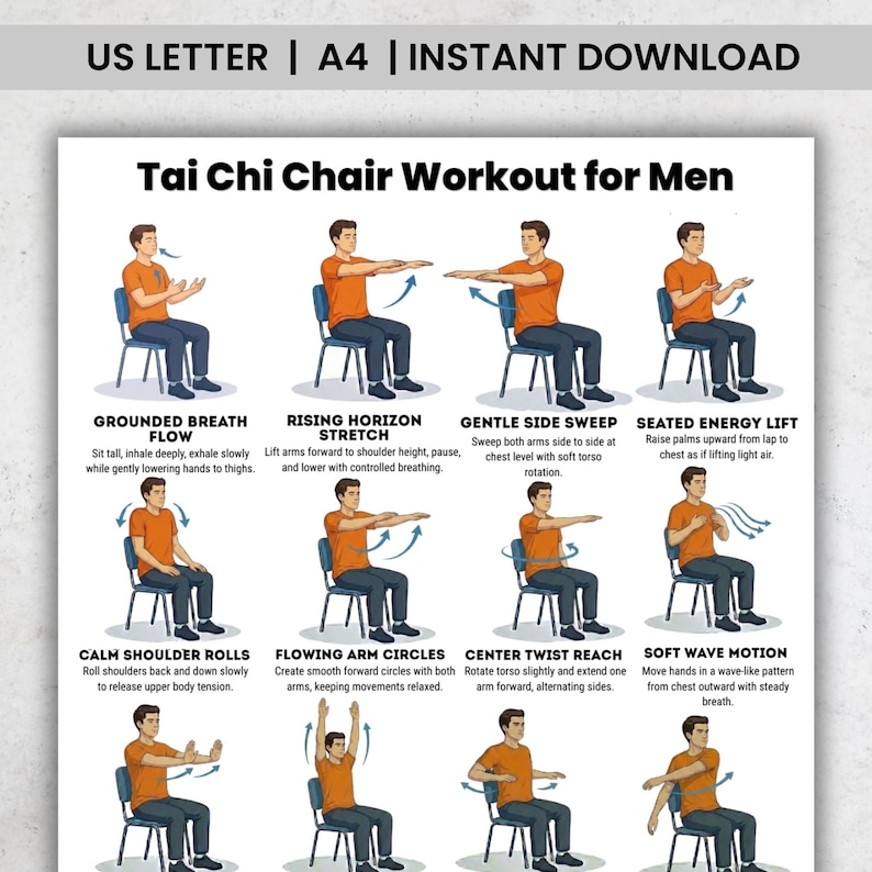 Tai Chi Chair Workout for Men Printable PDF, Seated Balance and ...