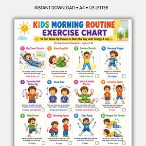 Può includere: Una tabella di esercizi per la routine mattutina dei bambini con 16 movimenti illustrati. Il grafico include grafiche colorate di un bambino che esegue stretching ed esercizi, con istruzioni numerate e caselle di controllo per il monitoraggio.