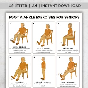Op de afbeelding: Een afdrukbare gids getiteld "FOOT & ANKLE EXERCISES FOR SENIORS" met illustraties van oefeningen. De gids bevat instructies voor enkelcirkels, teenflexie & -punt, hielheffen, teenheffen, hiel-teen-rock en enkelalfabet.