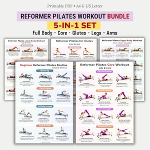 Könnte beinhalten: Ein 5-in-1 Reformer Pilates Workout-Bundle mit druckbaren PDF-Anleitungen. Das Set enthält Routinen für den ganzen Körper, Core, Gesäßmuskulatur, Beine und Arme. Jeder Leitfaden enthält illustrierte Übungen für verschiedene Fitnesslevel.