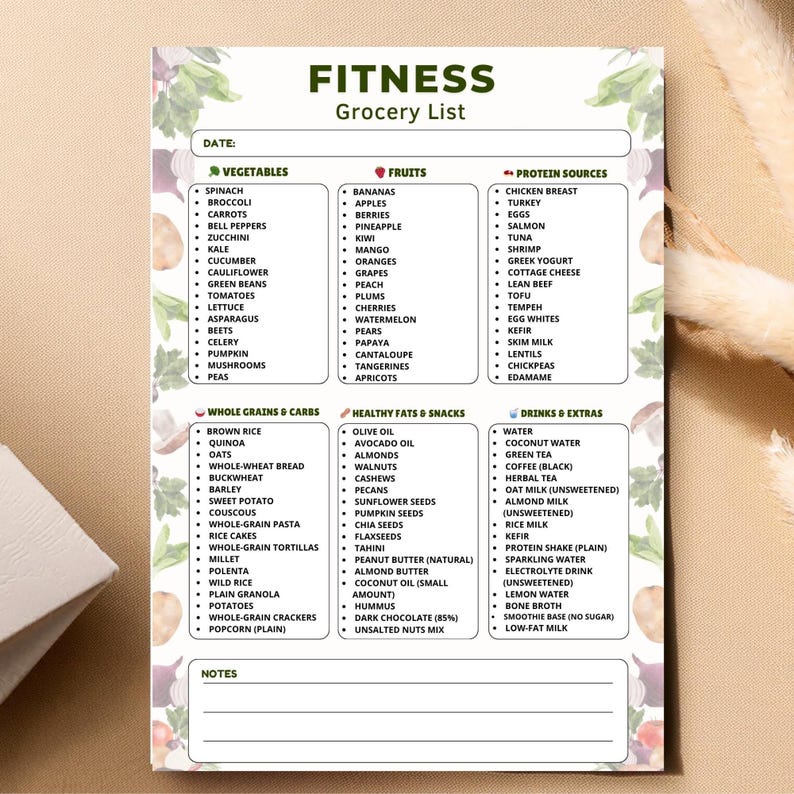 Fitness Grocery List Printable | Gym Shopping List PDF | Fitness Food