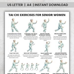 Puede incluir: Un póster blanco con texto negro que detalla ejercicios de Tai Chi para mujeres mayores. El póster incluye ilustraciones de varias posturas de Tai Chi con texto descriptivo. El texto superior dice "US LETTER | A4 | INSTANT DOWNLOAD".