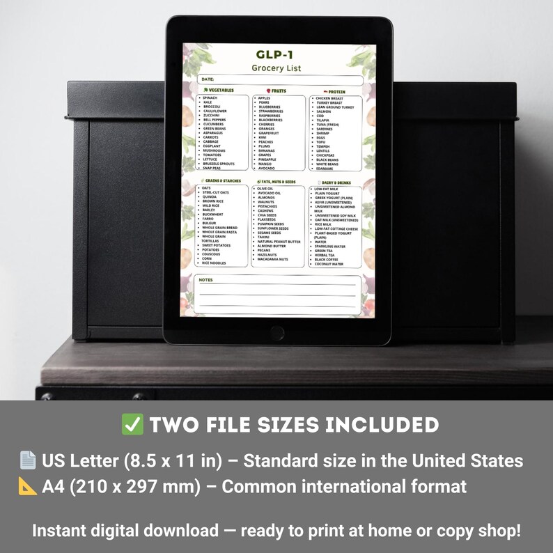 GLP-1 Grocery List printable showing a clean text-based shopping list organized into six food categories with multiple items per category. One-page printable grocery list designed for easy meal planning and shopping, suitable for printing on A4 or US Letter or for digital use.