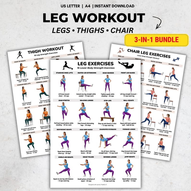 Leg Workout Poster Set Printable, Lower Body Exercise Charts Bundle ...