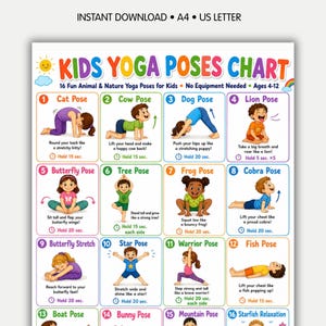 May include: A colorful educational chart titled KIDS YOGA POSES CHART featuring 16 numbered illustrations of children performing various yoga poses. The poster includes text instructions for each pose, such as Cat, Cow, Dog, and Lion, with hold times.