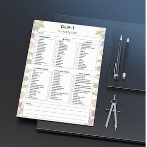 GLP-1 Grocery List printable showing a clean text-based shopping list organized into six food categories with multiple items per category. One-page printable grocery list designed for easy meal planning and shopping, suitable for printing on A4 or US Letter or for digital use.