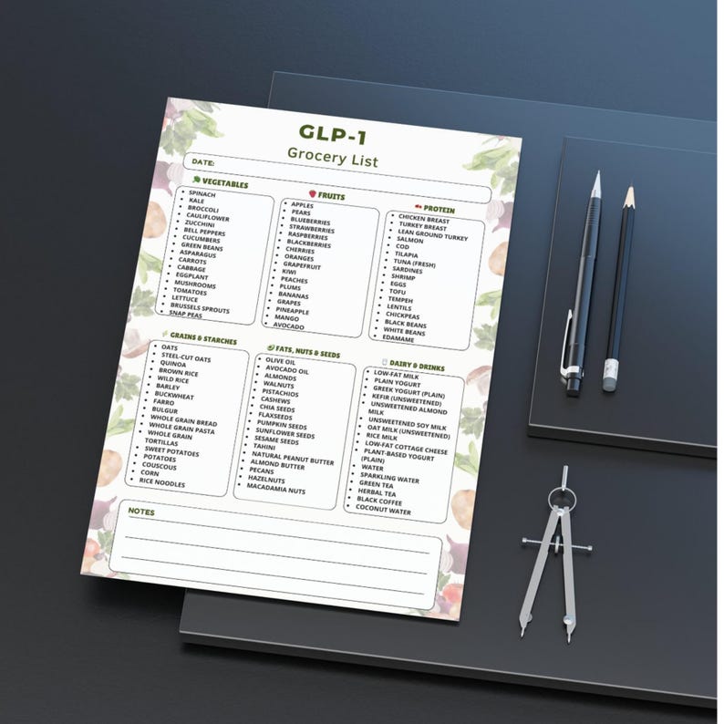GLP-1 Grocery List printable showing a clean text-based shopping list organized into six food categories with multiple items per category. One-page printable grocery list designed for easy meal planning and shopping, suitable for printing on A4 or US Letter or for digital use.