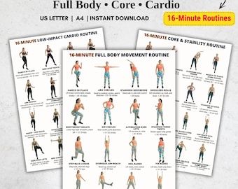 May include: A bundle of three workout routine printables. The top text reads "16-MINUTE STANDING WORKOUT BUNDLE". The routines include full body, core, and cardio exercises. Each printable features exercise illustrations and instructions for a 16-minute workout.