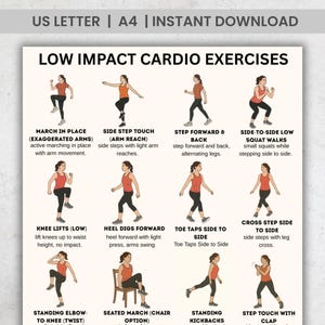 以下が含まれることがあります： 「Low Impact Cardio Exercises」と書かれたフィットネスのポスター。そのポスターには、その場で足踏みやサイドステップタッチなどのエクササイズのイラストが描かれています。上部には「US LETTER | A4 | INSTANT DOWNLOAD」と書かれています。