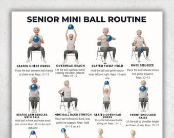 Trainingsroutine minibal senioren | 16 zittende minibaloefeningen voor senioren | Afdrukbare pdf-bestand met lage impactsterkte en mobiliteit