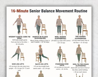 Senior Balance Exercise Poster, Standing Balance Routine for Seniors, 16 Minute Balance Exercises, Printable PDF A4 US Letter