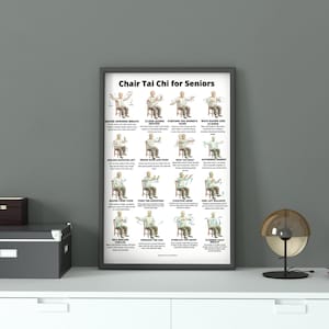 Printable Chair Tai Chi for Seniors poster showing seated Tai Chi exercises performed on a chair. The chart includes illustrated step-by-step movements such as Seated Opening Breath, Cloud Hands, Golden Rooster Lift, Seated Twist Flow, Floating Arms, Heel Lift Balance and Closing Calm Breath. Designed as a gentle seated balance and breathing routine for senior home practice in printable PDF format.