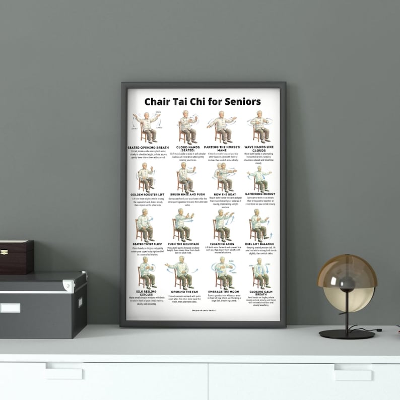 Printable Chair Tai Chi for Seniors poster showing seated Tai Chi exercises performed on a chair. The chart includes illustrated step-by-step movements such as Seated Opening Breath, Cloud Hands, Golden Rooster Lift, Seated Twist Flow, Floating Arms, Heel Lift Balance and Closing Calm Breath. Designed as a gentle seated balance and breathing routine for senior home practice in printable PDF format.