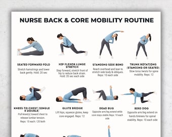 Rotina de Mobilidade para Costas e Abdômen para Enfermeiras · 16 Exercícios para Imprimir · Tabela Diária de Alongamentos para Costas e Abdômen · Conjunto de Exercícios de Mobilidade Fáceis