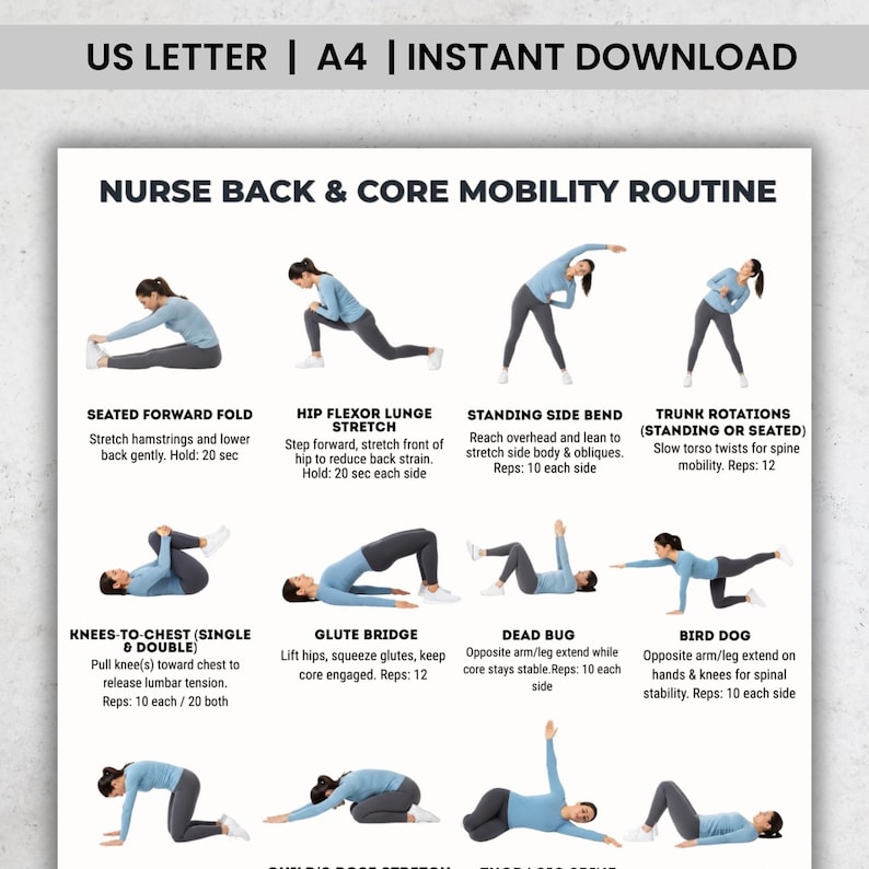 Nurse Back & Core Mobility Routine · 16 Exercises Printable · Daily ...