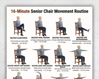 Senior Chair Exercise Poster, Seated Exercises for Seniors, 16 Minute Chair Movement Routine, Printable PDF A4 US Letter