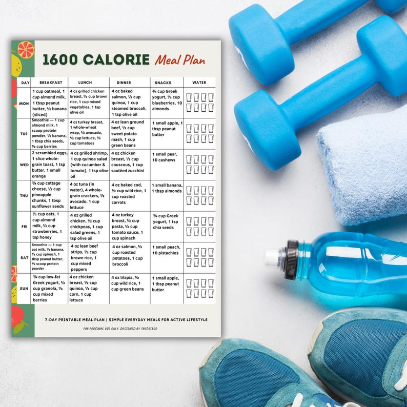 1600 Calorie Meal Plan Printable | 7-Day 1600 Calories Menu | Portion Control PDF
