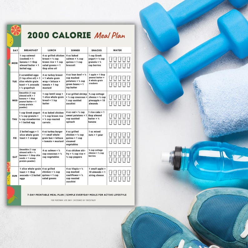 May include: A 2000-calorie meal plan with a 7-day layout, featuring breakfast, lunch, dinner, and snack options. The plan includes a variety of foods like oatmeal, chicken, and vegetables. Blue dumbbells, a water bottle, and athletic shoes are in the background.