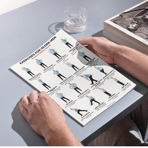 Printable exercise chart titled “Exercises for Older Men – 16 Stretch & Mobility Exercises.” The image shows an older man demonstrating standing stretch and mobility exercises including neck stretches, shoulder rolls, arm stretches, side bends, torso rotations, hip circles, leg stretches, ankle circles, toe raises, and heel raises. Each exercise is clearly illustrated with labels and repetition counts, designed for easy reference at home.