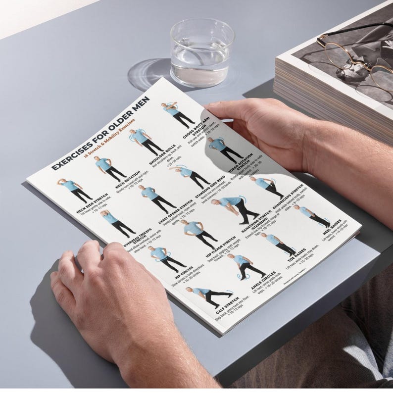 Printable exercise chart titled “Exercises for Older Men – 16 Stretch & Mobility Exercises.” The image shows an older man demonstrating standing stretch and mobility exercises including neck stretches, shoulder rolls, arm stretches, side bends, torso rotations, hip circles, leg stretches, ankle circles, toe raises, and heel raises. Each exercise is clearly illustrated with labels and repetition counts, designed for easy reference at home.