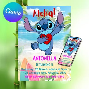 May include: A blue and purple invitation with a cartoon Stitch character holding a red heart. The invitation is for Antonella's 5th birthday party. The text on the invitation reads "Aloha! Antonella is turning 5. Saturday, 20 March, starts at 5pm. 123 Chicago Ave, Anycity, USA. RSVP to Mom 123-456-7890."